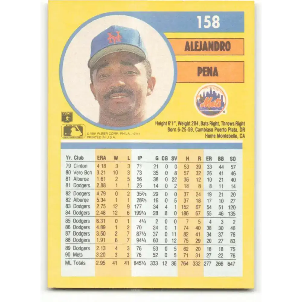 1991 Fleer #158 Alejandro Pena NM-MT New York Mets Baseball Card - Baseball Card Single