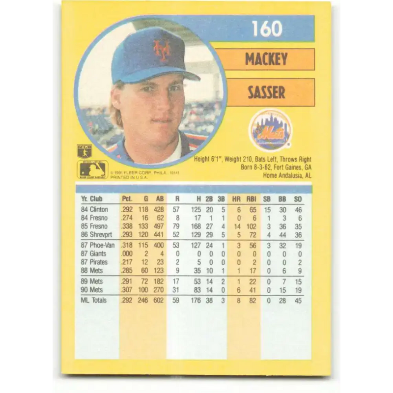 1991 Fleer #160 Mackey Sasser NM-MT New York Mets Baseball Card - Baseball Card Single