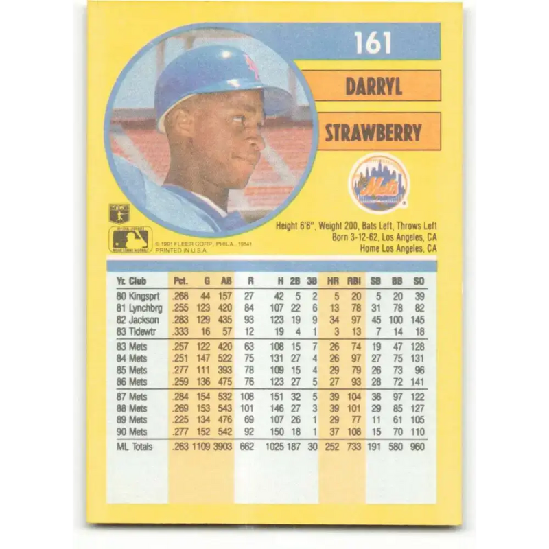 1991 Fleer #161 Darryl Strawberry NM-MT New York Mets Baseball Card - Baseball Card Single