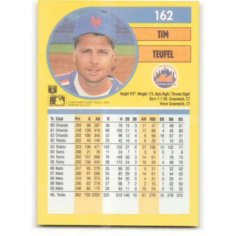 1991 Fleer #162 Tim Teufel NM-MT New York Mets Baseball Card - Baseball Card Single