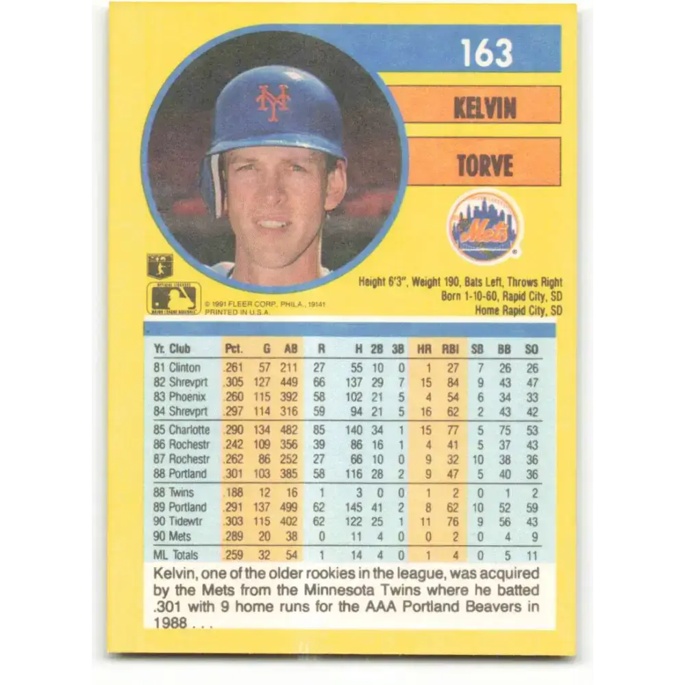 1991 Fleer #163 Kelvin Torve NM-MT New York Mets Baseball Card - Baseball Card Single