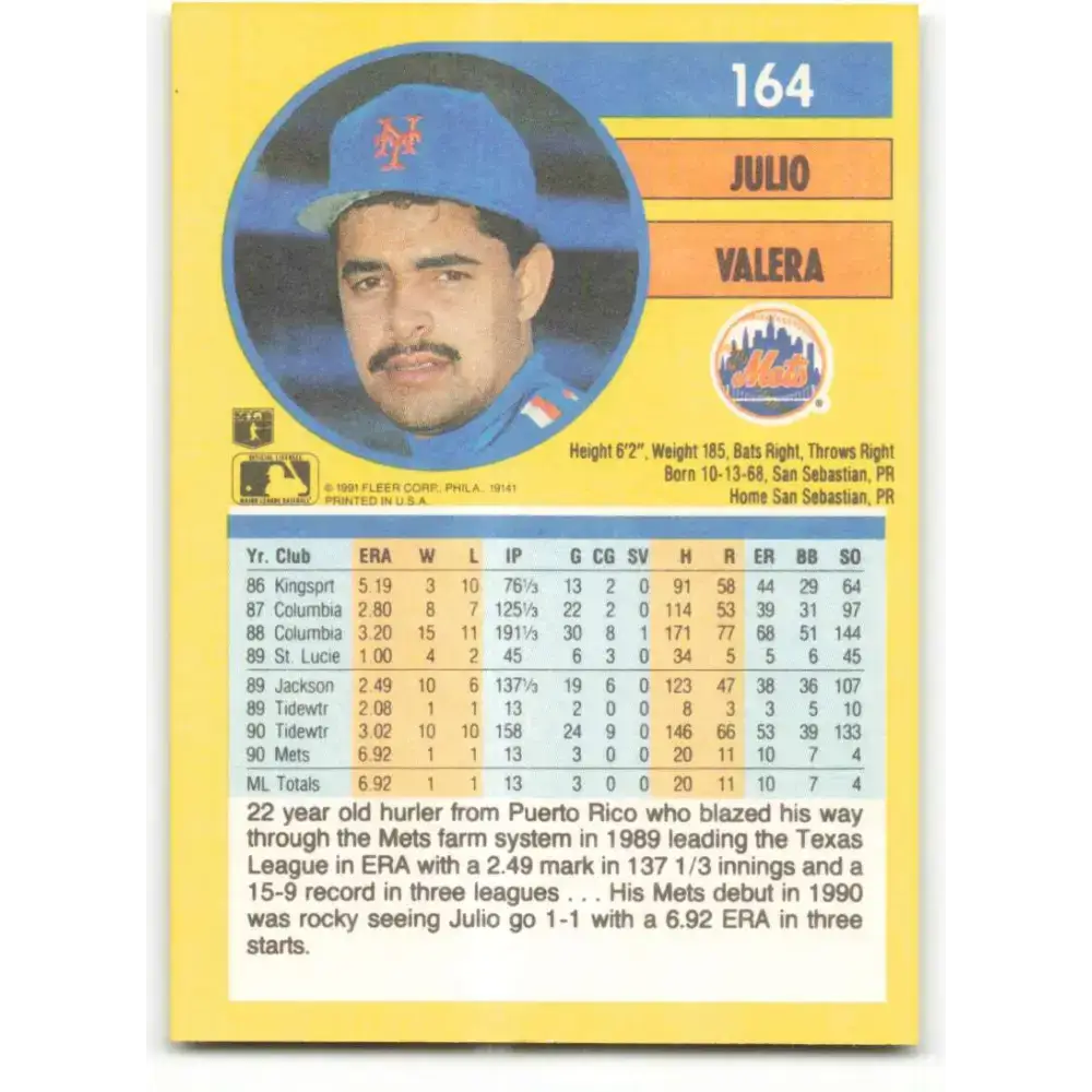 1991 Fleer #164 Julio Valera NM-MT New York Mets Baseball Card - Baseball Card Single