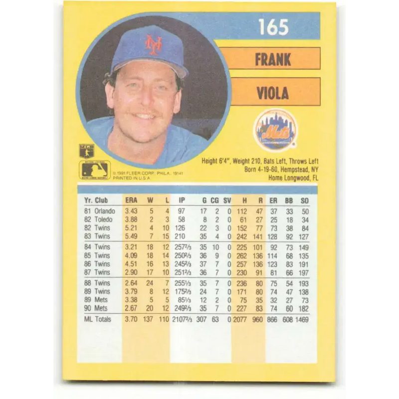 1991 Fleer #165 Frank Viola NM-MT New York Mets Baseball Card - Baseball Card Single