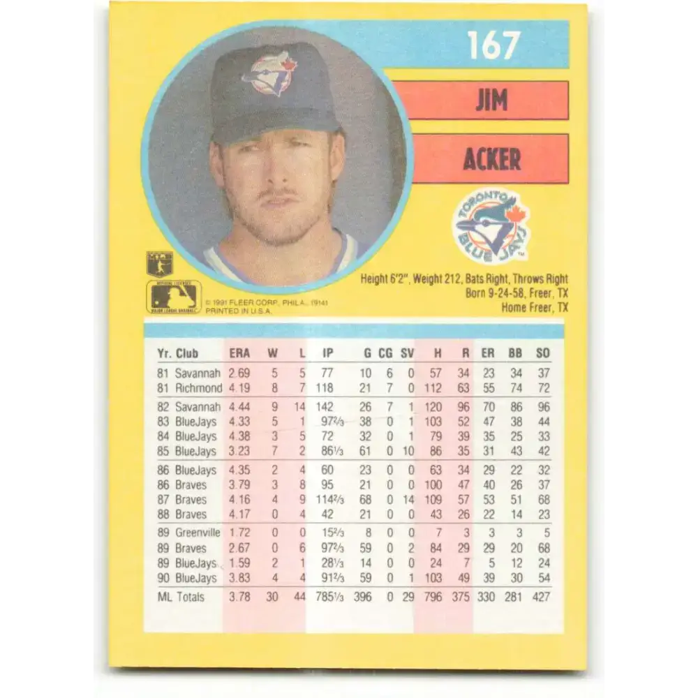 1991 Fleer #167 Jim Acker NM-MT Toronto Blue Jays Baseball Card - Baseball Card Single