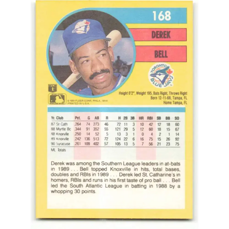 1991 Fleer #168 Derek Bell NM-MT Toronto Blue Jays Baseball Card - Baseball Card Single