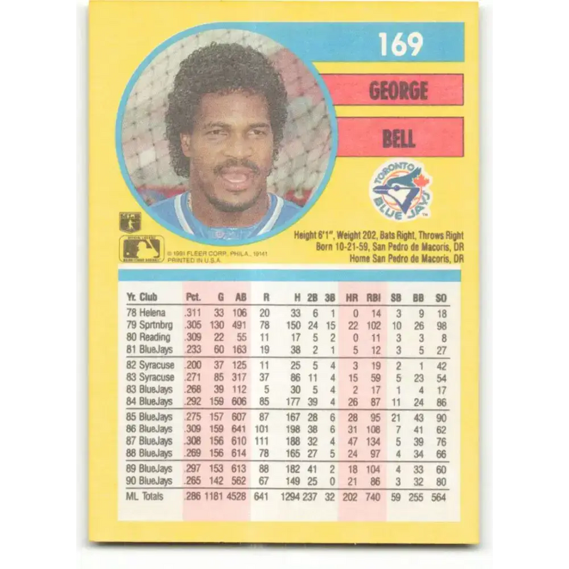 1991 Fleer #169 George Bell NM-MT Toronto Blue Jays Baseball Card - Baseball Card Single