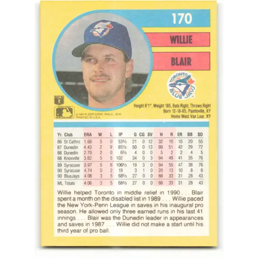 1991 Fleer #170 Willie Blair NM-MT Toronto Blue Jays Baseball Card - Baseball Card Single