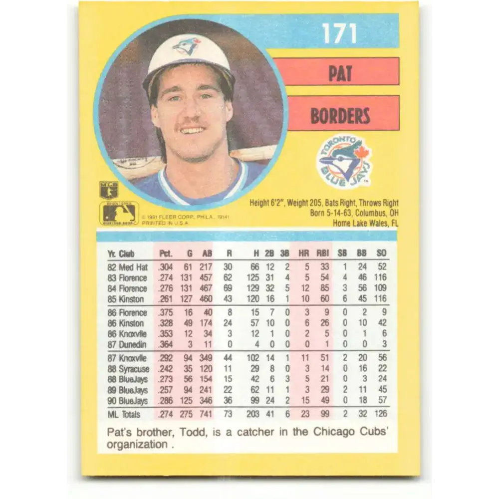 1991 Fleer #171 Pat Borders NM-MT Toronto Blue Jays Baseball Card - Baseball Card Single