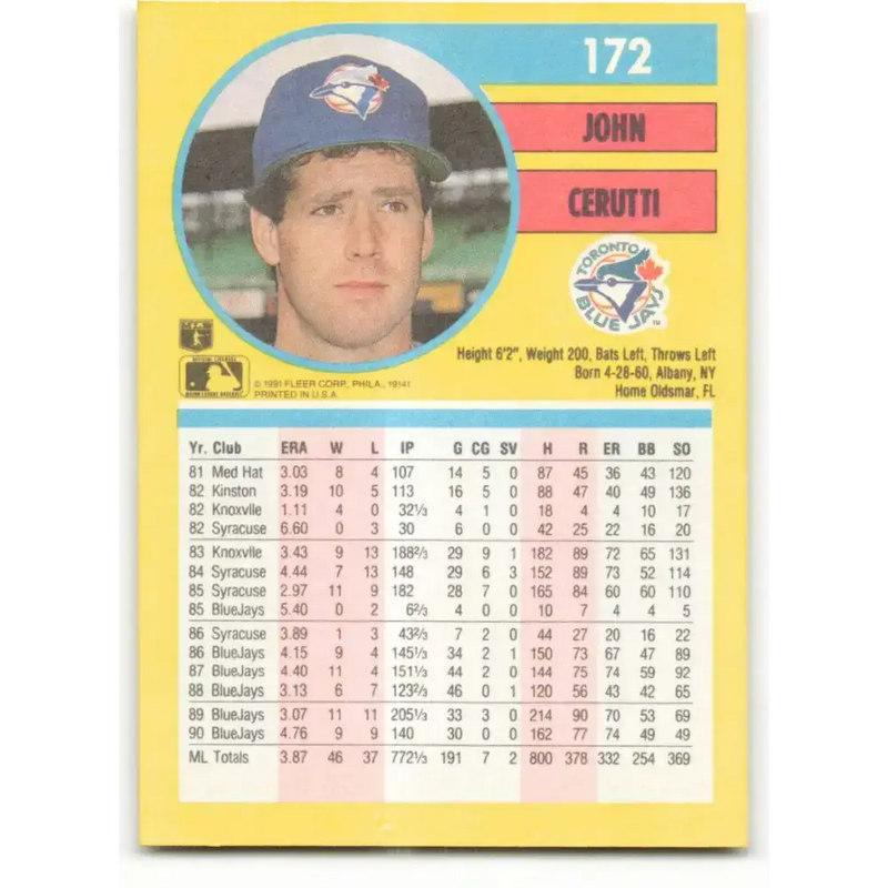 1991 Fleer #172 John Cerutti NM-MT Toronto Blue Jays Baseball Card - Baseball Card Single