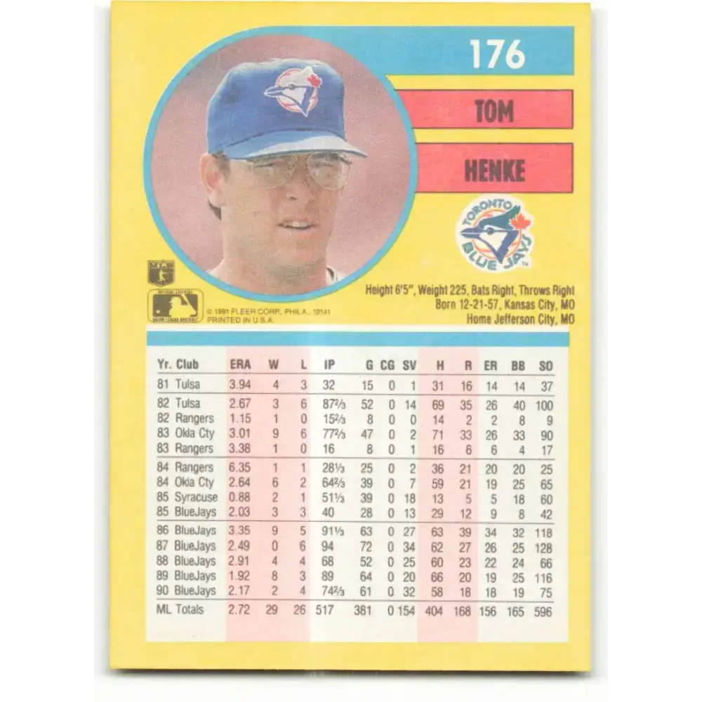 1991 Fleer #176 Tom Henke NM-MT Toronto Blue Jays Baseball Card - Baseball Card Single