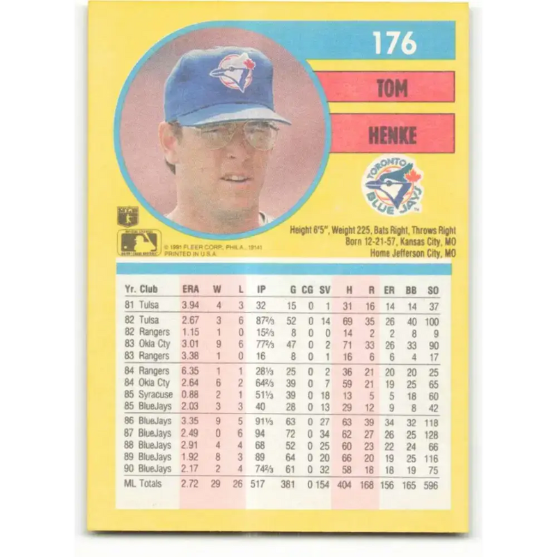 1991 Fleer #176 Tom Henke NM-MT Toronto Blue Jays Baseball Card - Baseball Card Single