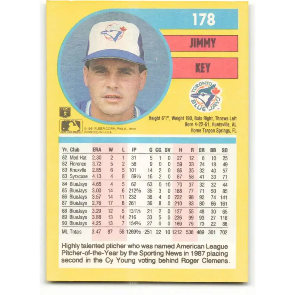1991 Fleer #178 Jimmy Key NM-MT Toronto Blue Jays Baseball Card - Baseball Card Single