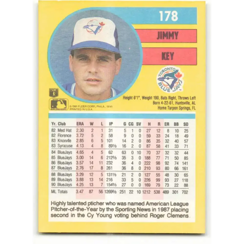 1991 Fleer #178 Jimmy Key NM-MT Toronto Blue Jays Baseball Card - Baseball Card Single