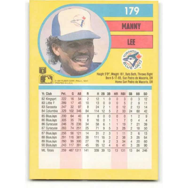 1991 Fleer #179 Manuel Lee NM-MT Toronto Blue Jays Baseball Card - Baseball Card Single