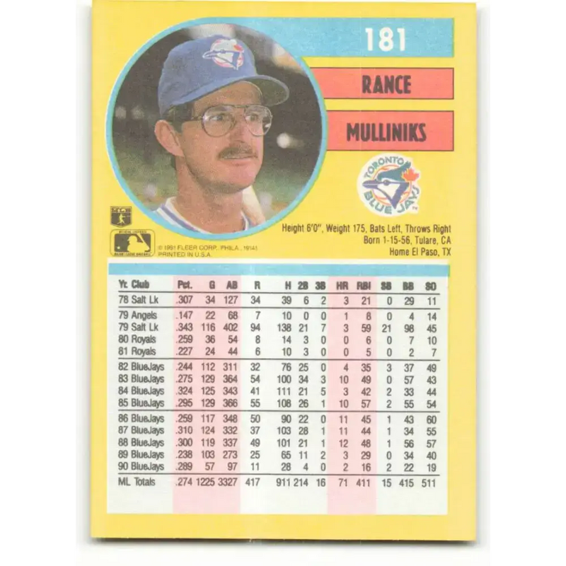 1991 Fleer #181 Rance Mulliniks NM-MT Toronto Blue Jays Baseball Card - Baseball Card Single
