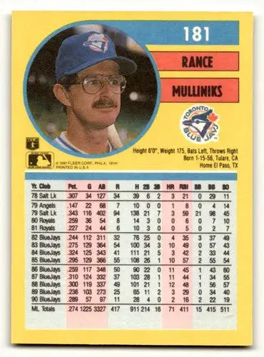 1991 Fleer Rance Mulliniks Toronto Blue Jays baseball card featuring Mulliniks Toronto Blue