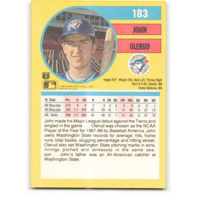 1991 Fleer #183 John Olerud NM-MT Toronto Blue Jays Baseball Card - Baseball Card Single