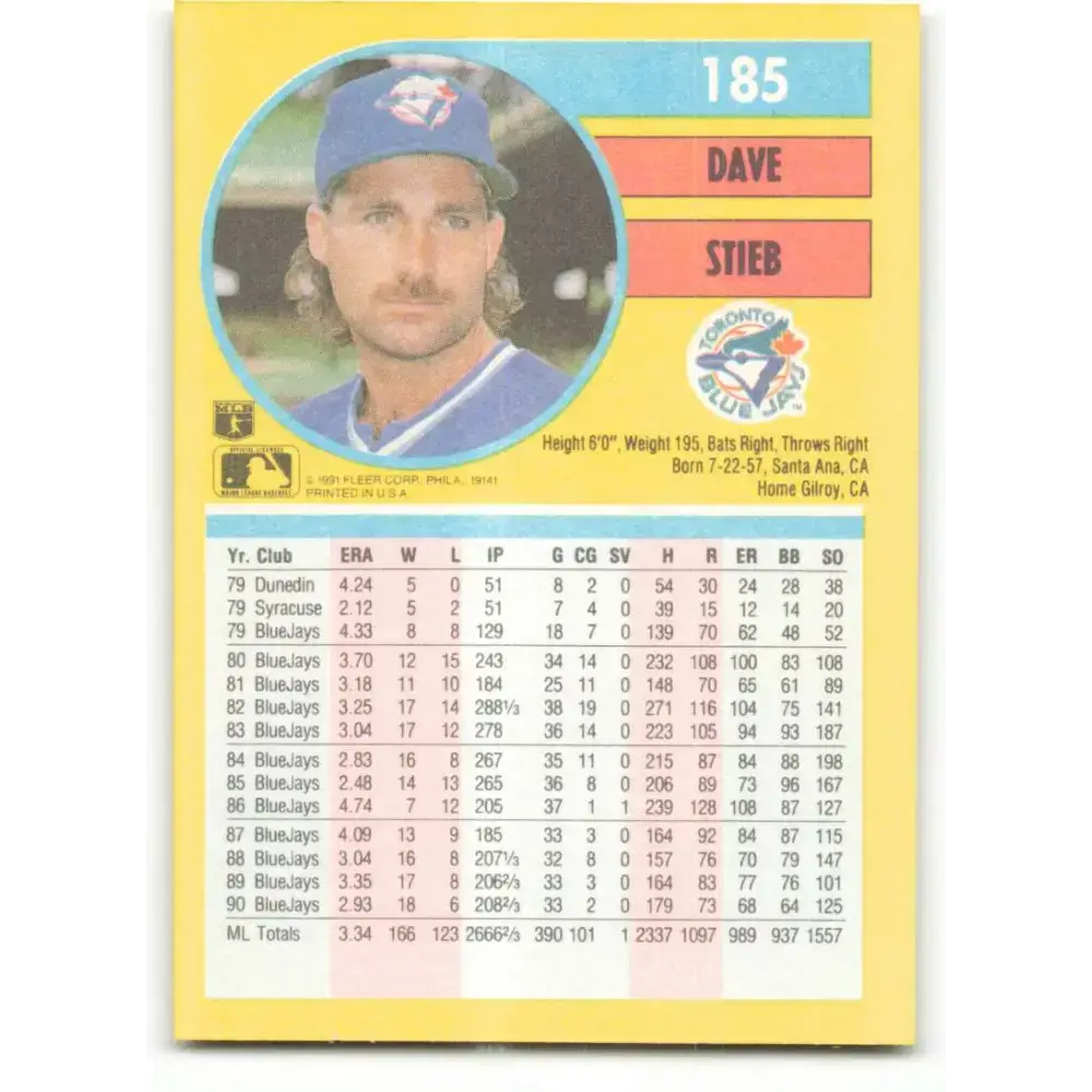1991 Fleer #185 Dave Stieb NM-MT Toronto Blue Jays Baseball Card - Baseball Card Single
