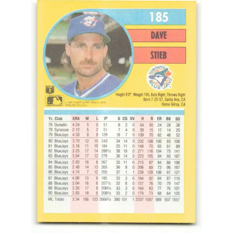 1991 Fleer #185 Dave Stieb NM-MT Toronto Blue Jays Baseball Card - Baseball Card Single