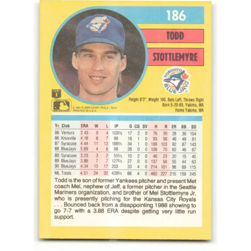 1991 Fleer #186 Todd Stottlemyre NM-MT Toronto Blue Jays Baseball Card - Baseball Card Single