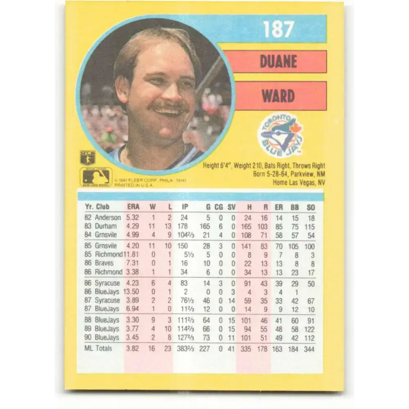 1991 Fleer #187 Duane Ward NM-MT Toronto Blue Jays Baseball Card