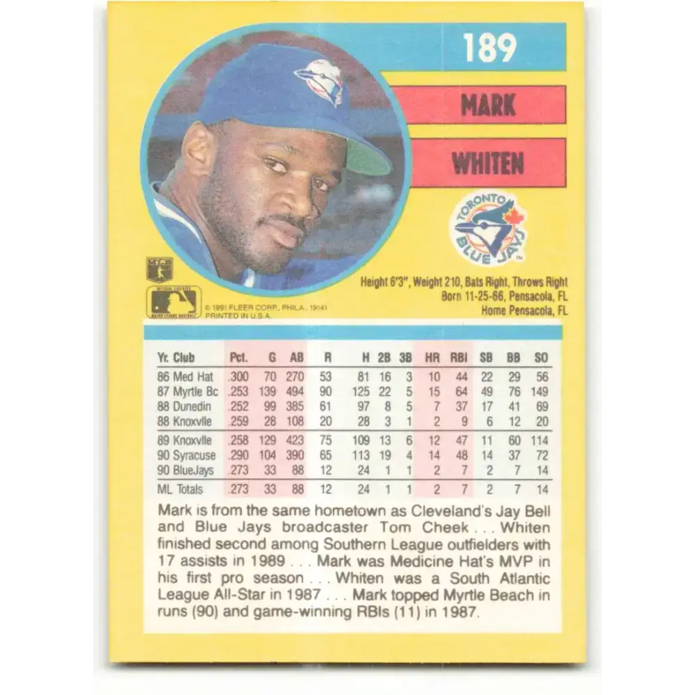 1991 Fleer #189 Mark Whiten NM-MT Toronto Blue Jays Baseball Card - Baseball Card Single