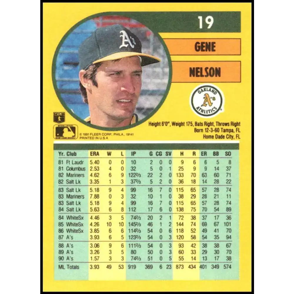 1991 Fleer #19 Gene Nelson NM-MT Oakland Athletics Baseball Card - Baseball Card Single
