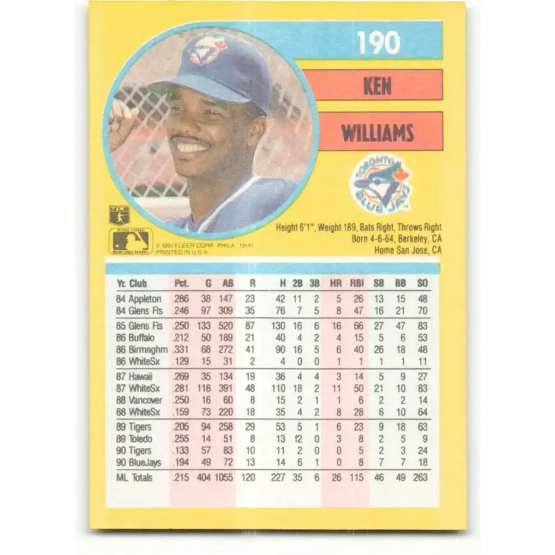 1991 Fleer #190 Kenny Williams NM-MT Toronto Blue Jays Baseball Card - Baseball Card Single