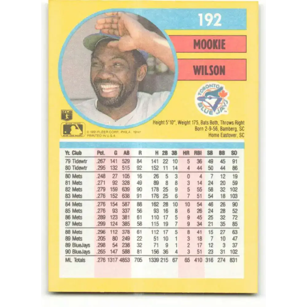 1991 Fleer #192 Mookie Wilson NM-MT Toronto Blue Jays Baseball Card - Baseball Card Single