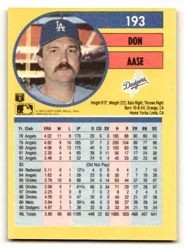 1991 Fleer #193a Don Aase Wax/Cello Pack version: First stat grouping i ID:58116 - Baseball Card Single
