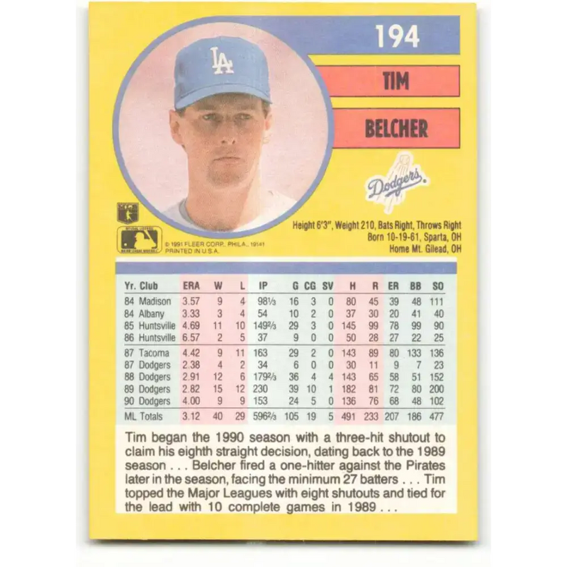 1991 Fleer #194 Tim Belcher NM-MT Los Angeles Dodgers Baseball Card