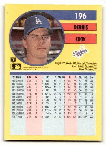 Original gloss Dennis Cook Los Angeles Dodgers baseball card 1991 Fleer #196