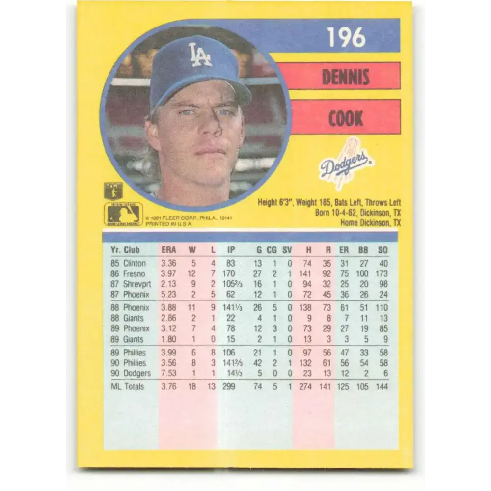 1991 Fleer #196 Dennis Cook NM-MT Los Angeles Dodgers Baseball Card - Baseball Card Single