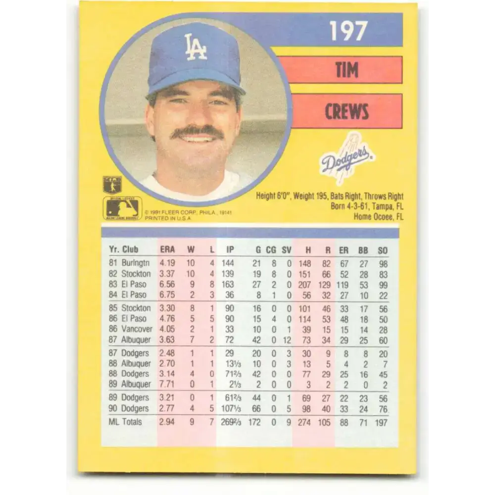 1991 Fleer #197 Tim Crews NM-MT Los Angeles Dodgers Baseball Card - Baseball Card Single
