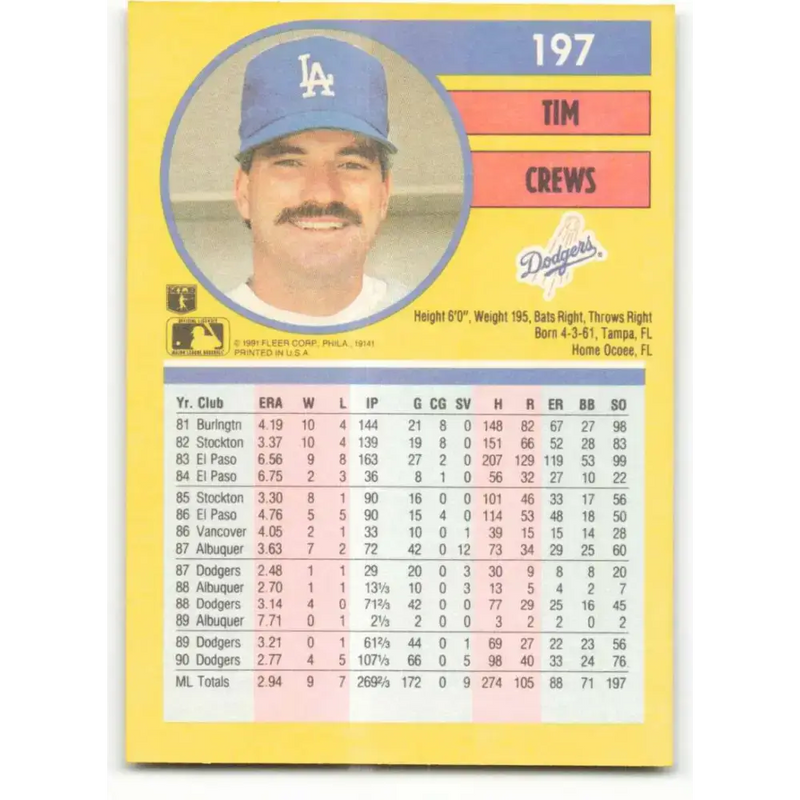 1991 Fleer #197 Tim Crews NM-MT Los Angeles Dodgers Baseball Card - Baseball Card Single