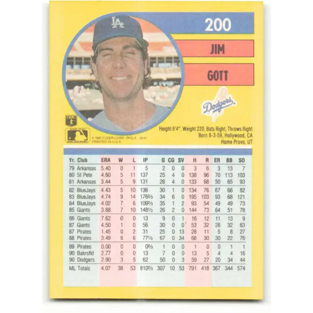 1991 Fleer #200 Jim Gott NM-MT Los Angeles Dodgers Baseball Card - Baseball Card Single