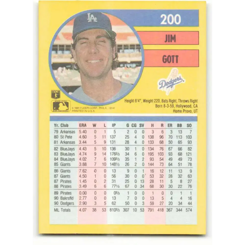 1991 Fleer #200 Jim Gott NM-MT Los Angeles Dodgers Baseball Card - Baseball Card Single