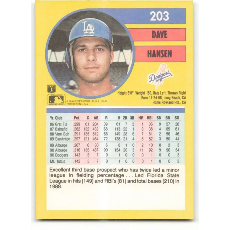1991 Fleer #203 Dave Hansen NM-MT Los Angeles Dodgers Baseball Card - Baseball Card Single
