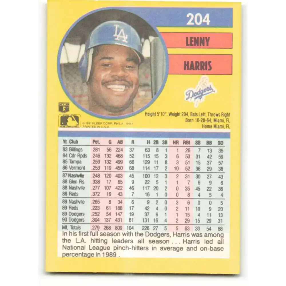 1991 Fleer #204 Lenny Harris NM-MT Los Angeles Dodgers Baseball Card - Baseball Card Single