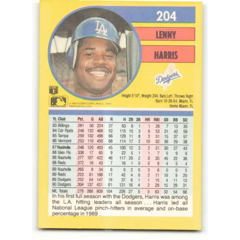 1991 Fleer #204 Lenny Harris NM-MT Los Angeles Dodgers Baseball Card - Baseball Card Single