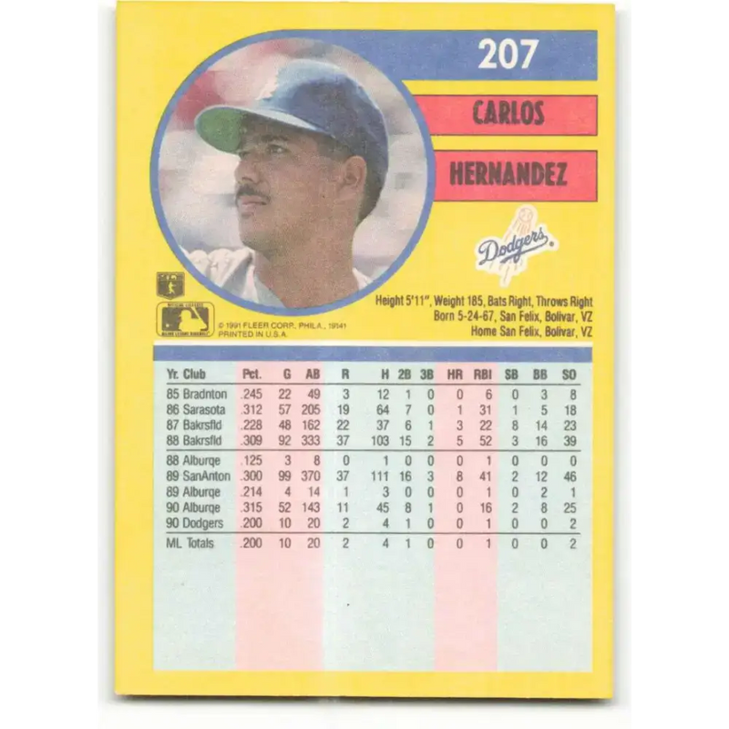 1991 Fleer #207 Carlos Hernandez NM-MT Los Angeles Dodgers Baseball Card - Baseball Card Single