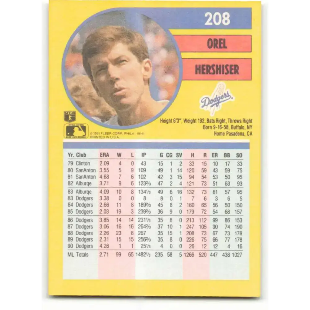 1991 Fleer #208 Orel Hershiser NM-MT Los Angeles Dodgers Baseball Card