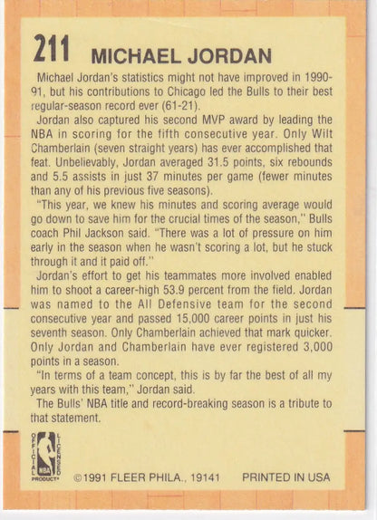 1991 FLEER #211 MICHAEL JORDAN ALL STAR TEAM- CHICAGO BULLS