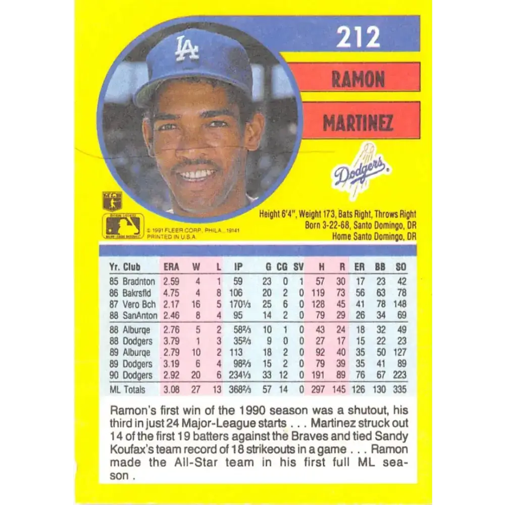 1991 Fleer #212 Ramon Martinez NM-MT Los Angeles Dodgers Baseball Card - Baseball Card Single