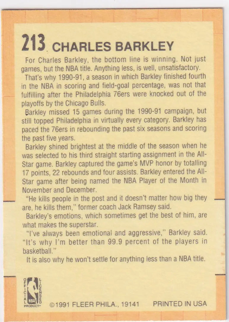 1991 FLEER #213 CHARLES BARKLEY ALL STAR TEAM- PHILADELPHIA 76ERS - Basketball Card Single