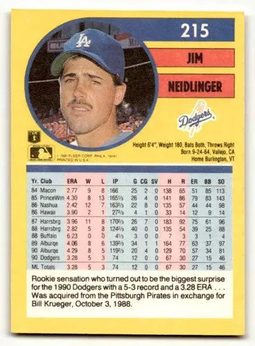 Original gloss Jim Neidlinger Los Angeles Dodgers baseball card from 1991 Fleer #215
