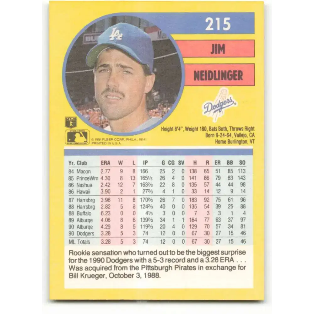 1991 Fleer #215 Jim Neidlinger NM-MT RC Rookie Los Angeles Dodgers Baseball Card - Baseball Card Single