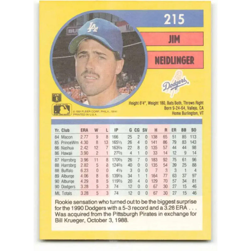 1991 Fleer #215 Jim Neidlinger NM-MT RC Rookie Los Angeles Dodgers Baseball Card - Baseball Card Single