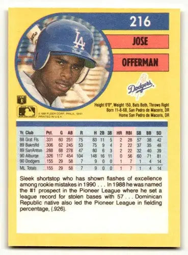 Jose Offerman baseball card from 1991 Fleer Los Angeles Dodgers collection
