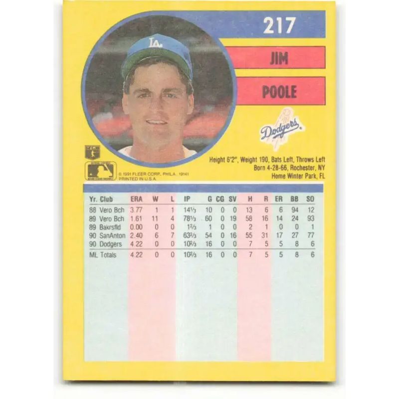 1991 Fleer #217 Jim Poole NM-MT Los Angeles Dodgers Baseball Card - Baseball Card Single